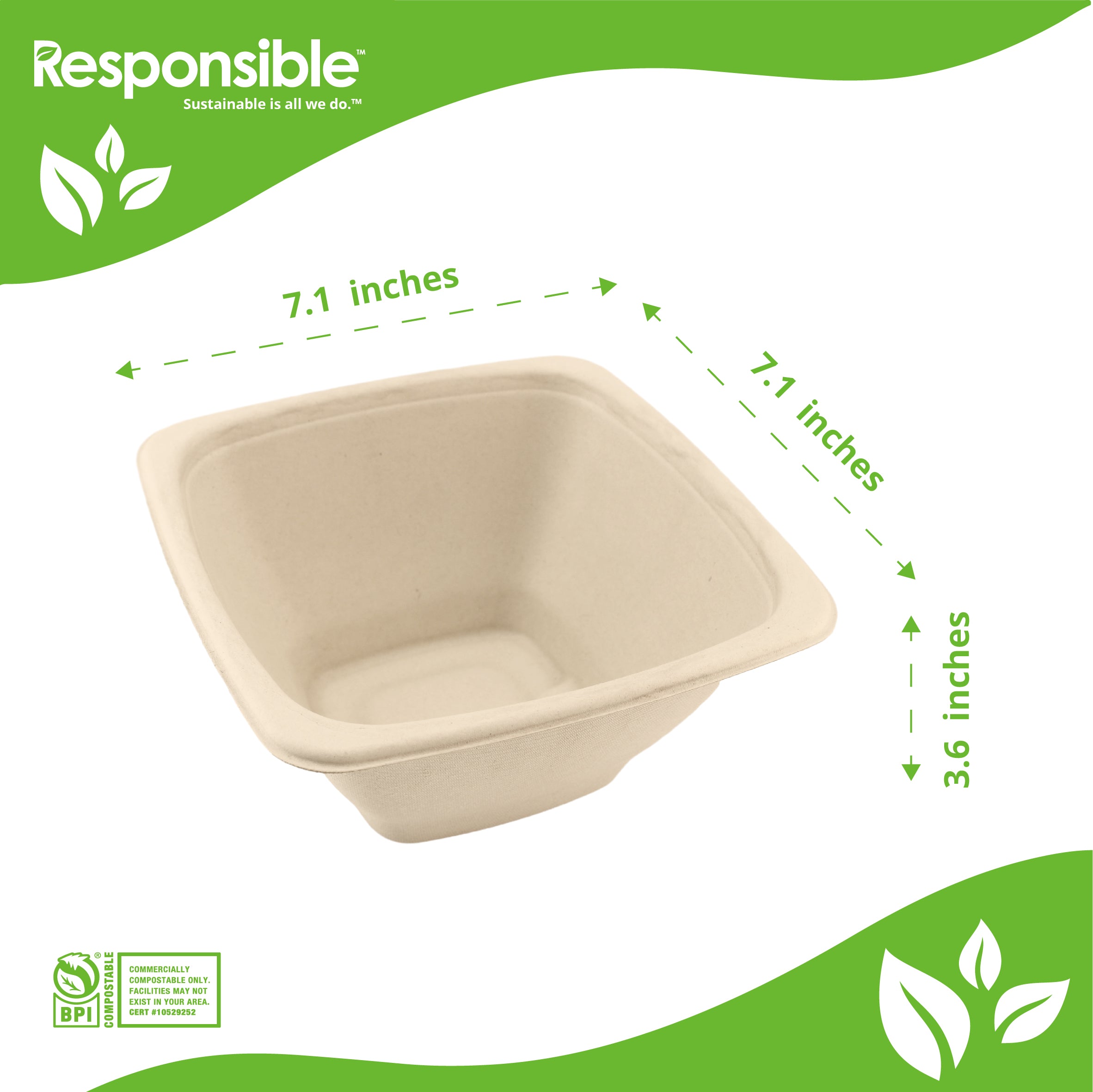 Compostable 48 oz Square Bowls Brown