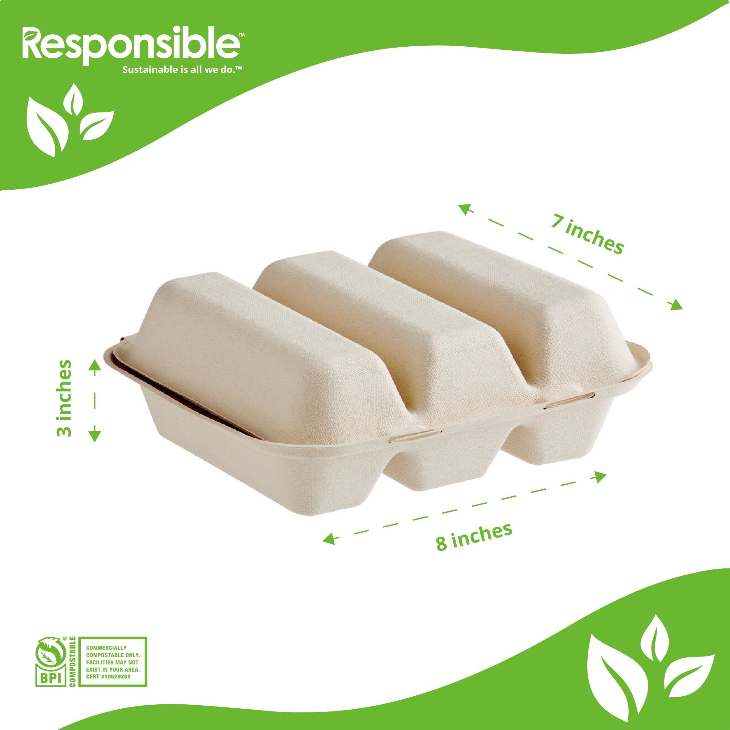 Compostable 8 x 7 Inch 3-Compaerment Molded Fiber Hinged Containers Brown