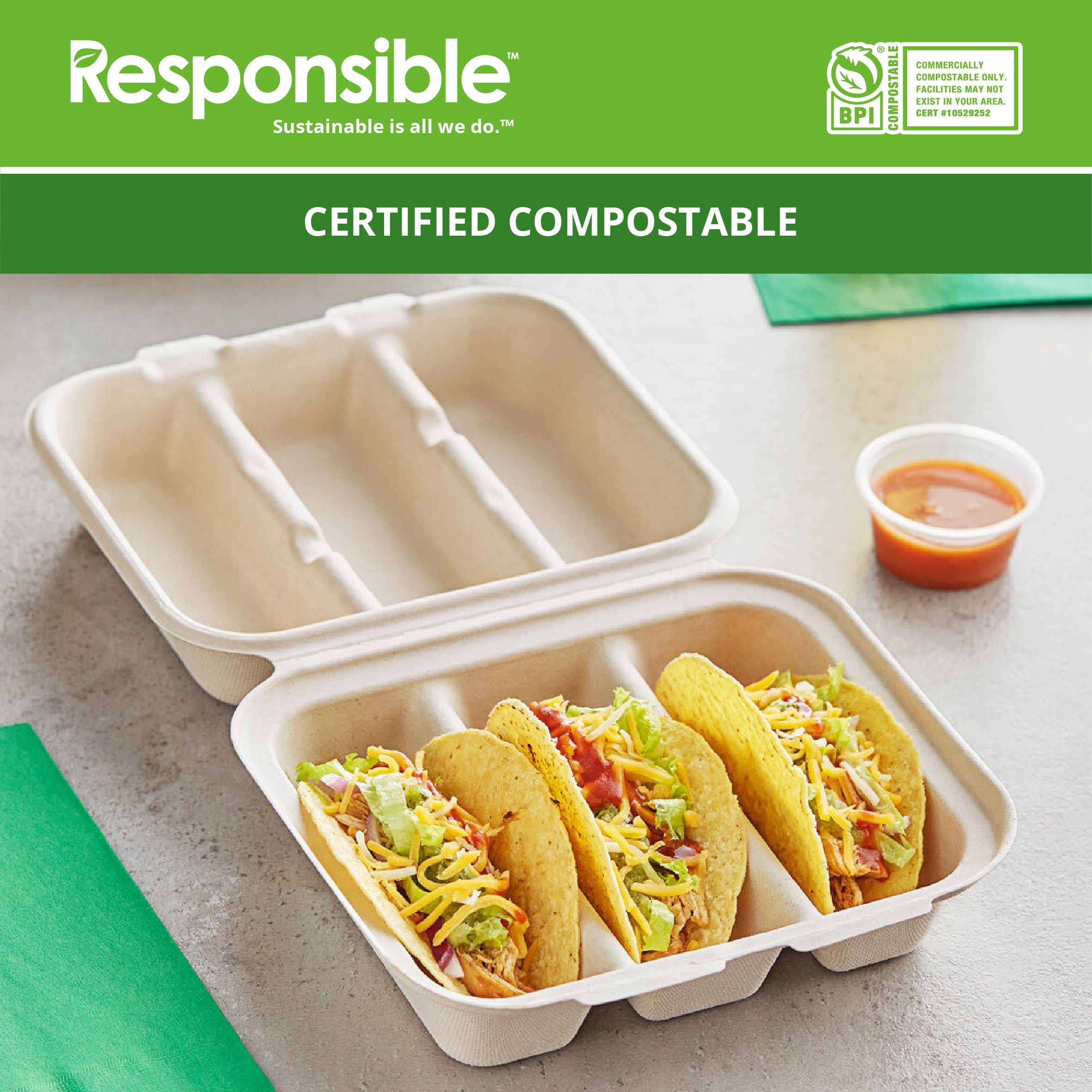 Compostable 8 x 7 Inch 3-Compaerment Molded Fiber Hinged Containers Brown