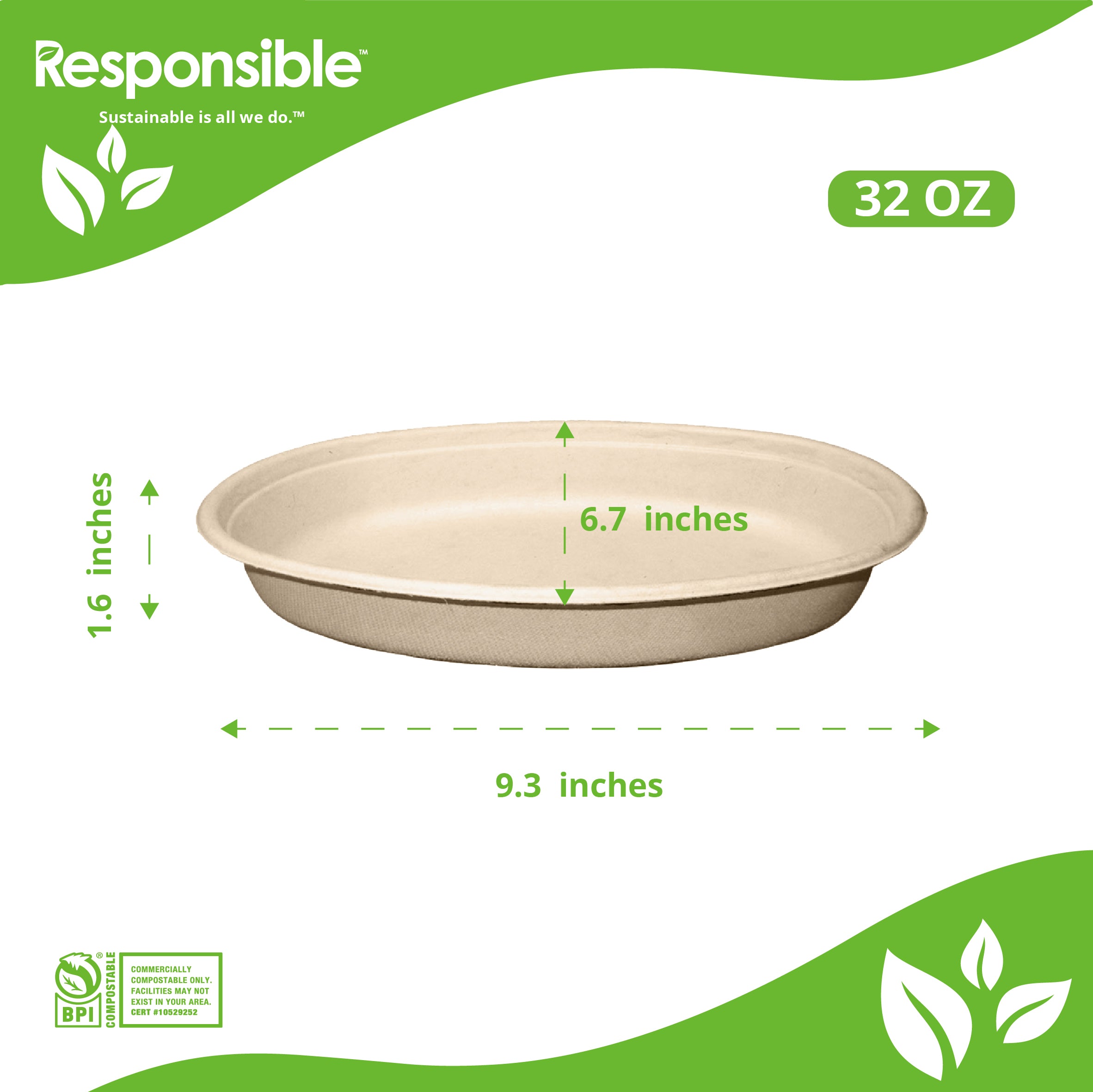 Compostable 32 oz Oval Bowls Brown