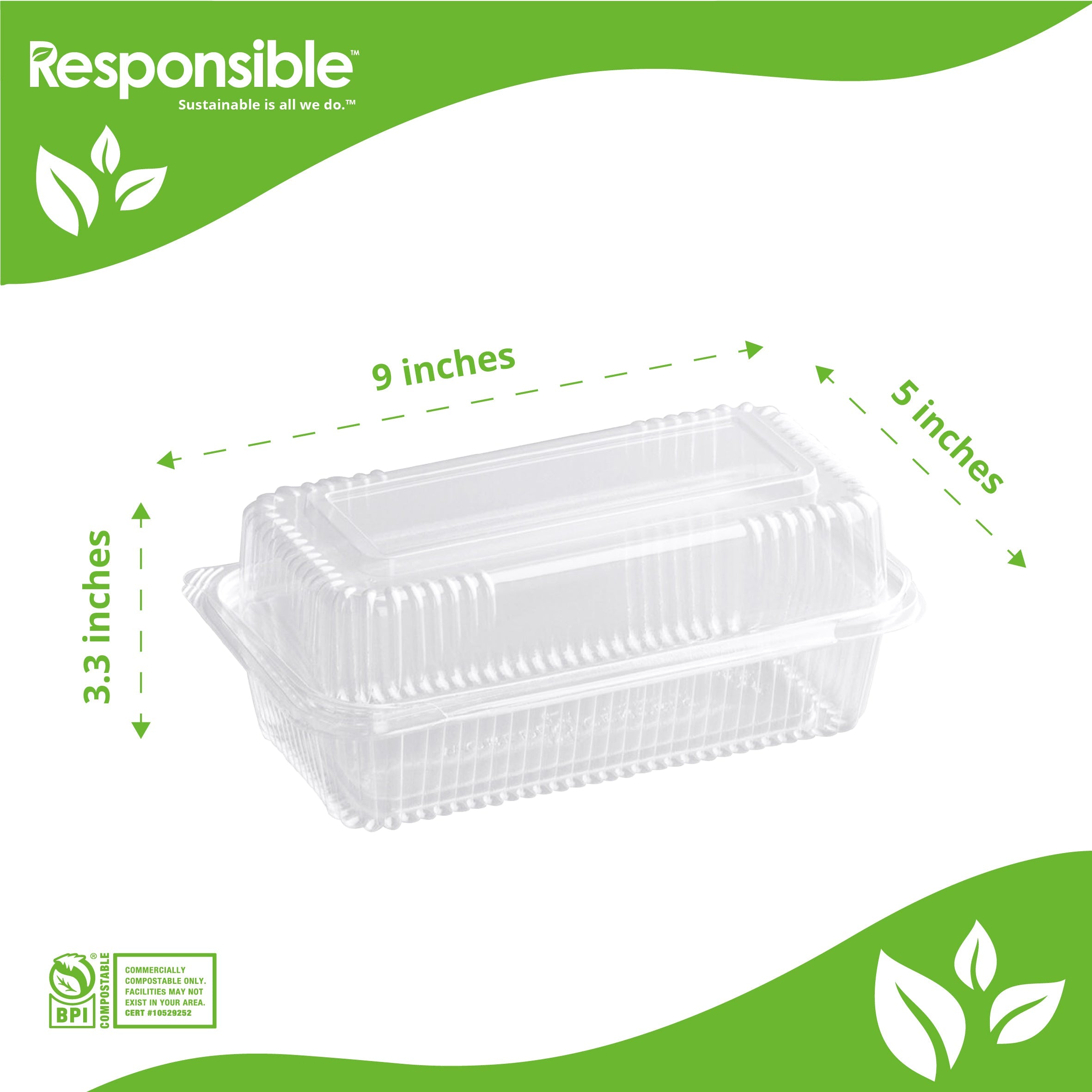 Compostable 9 x 5 Inch Clear hinged containers