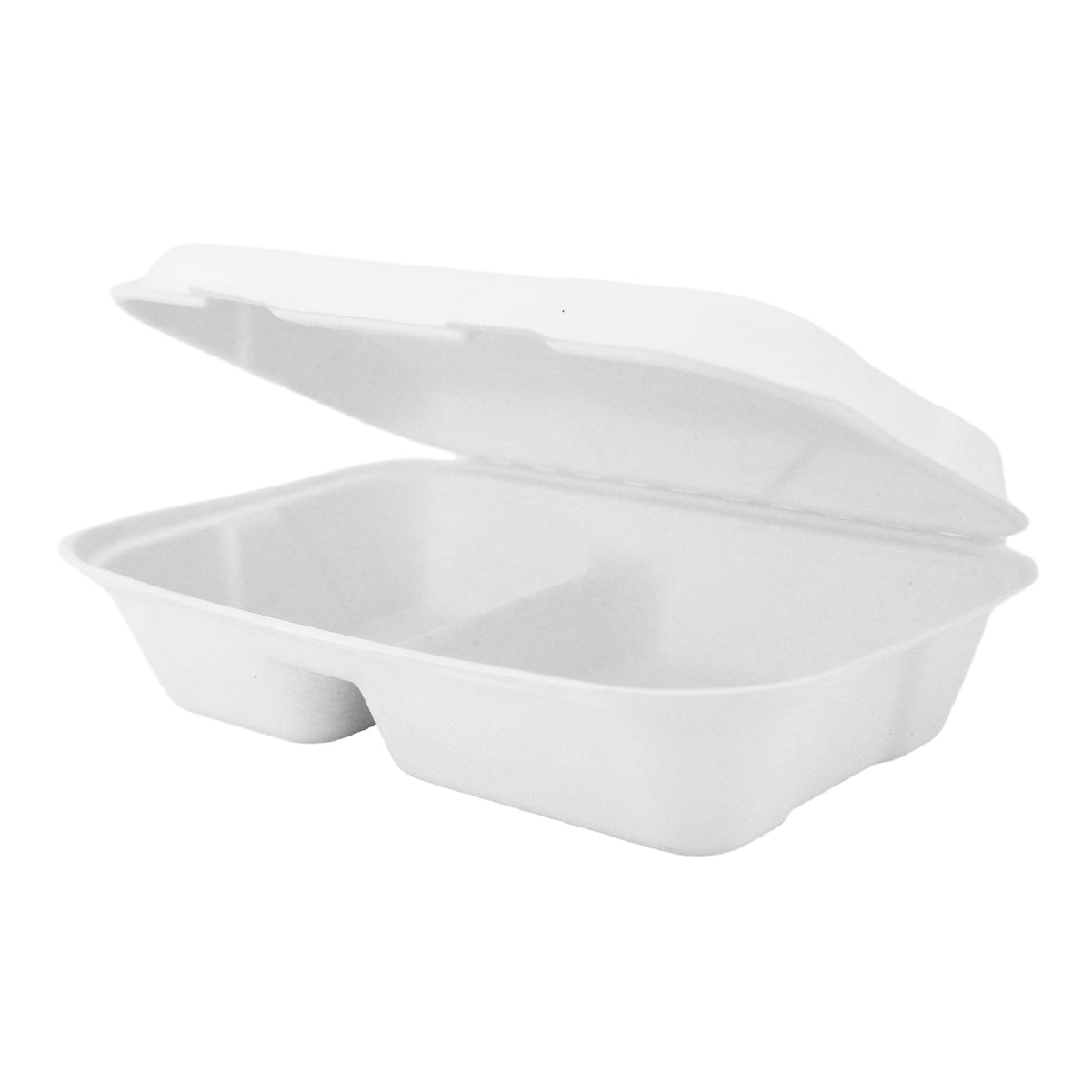 Compostable 9 x 6 inch 2-Compartment Molded Fiber Hinged Containers White