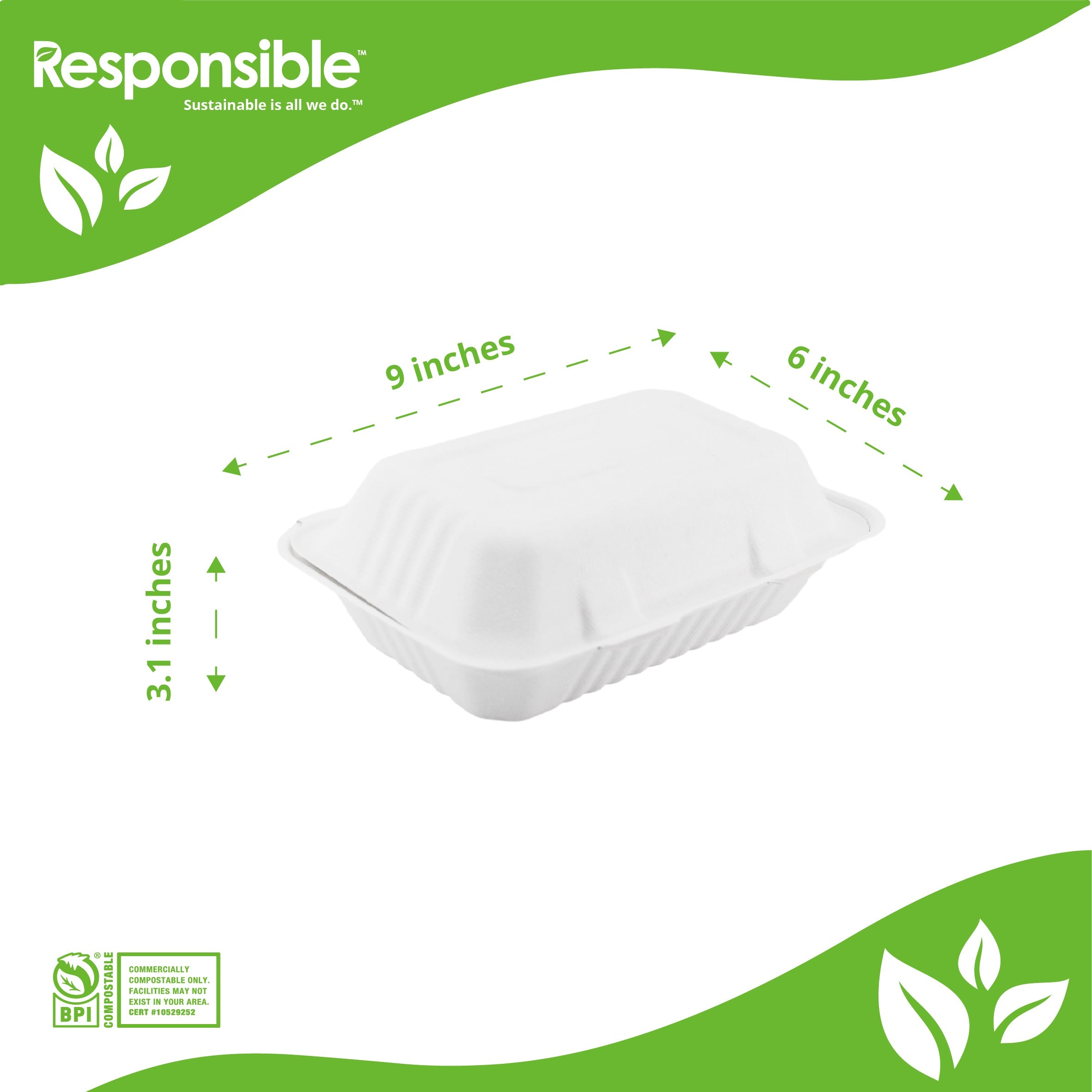 Compostable 9 x 6 inch Molded Fiber Hinged Containers White