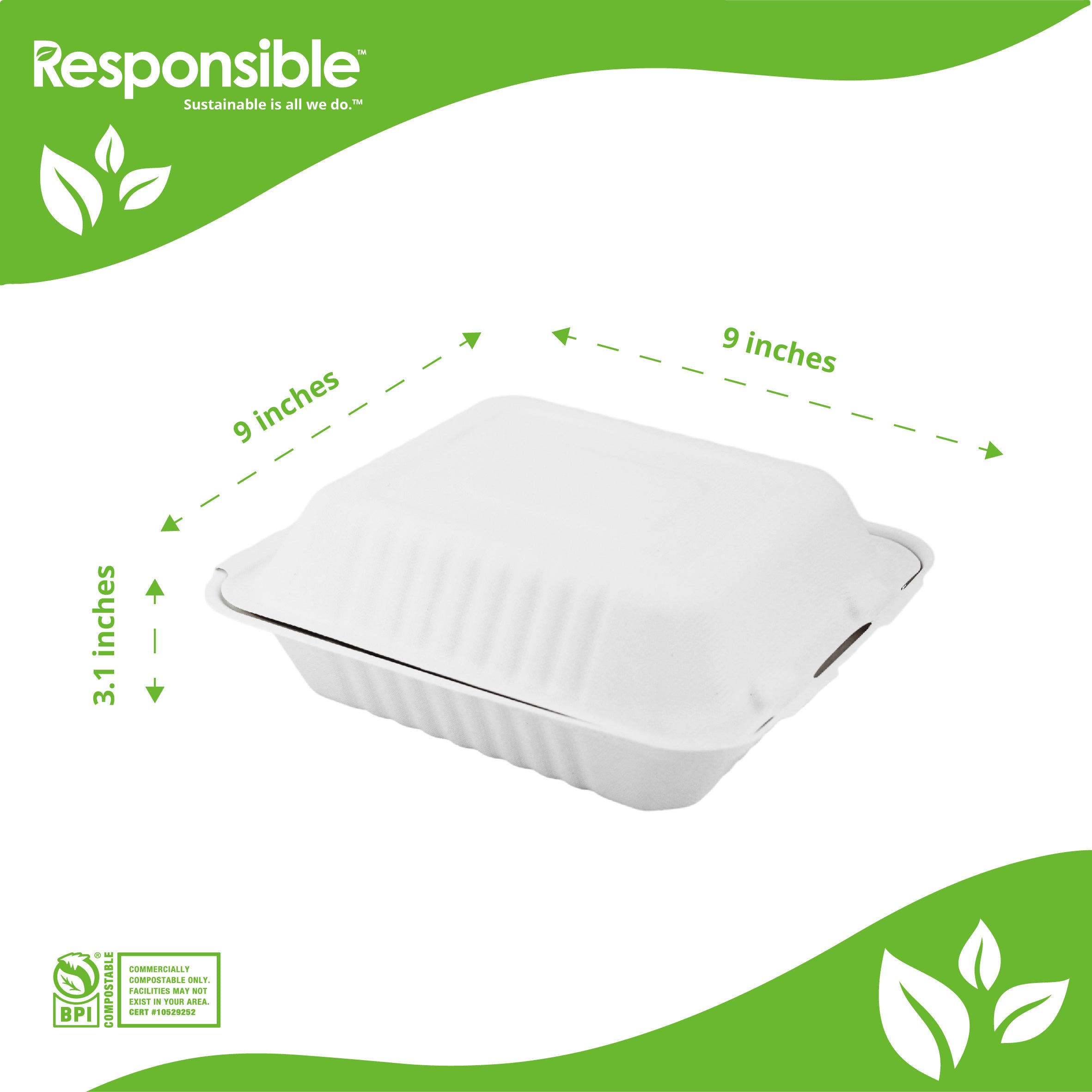 Compostable 9 inch Molded Fiber Hinged Containers White