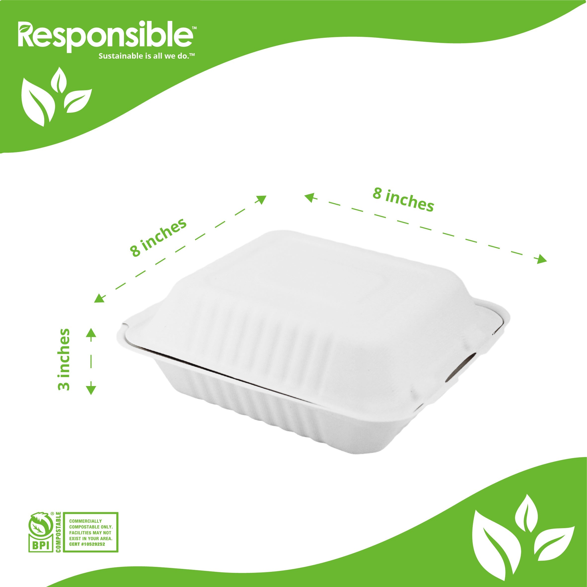 Compostable 8 inch 3-Compartment Molded Fiber Hinged Containers White