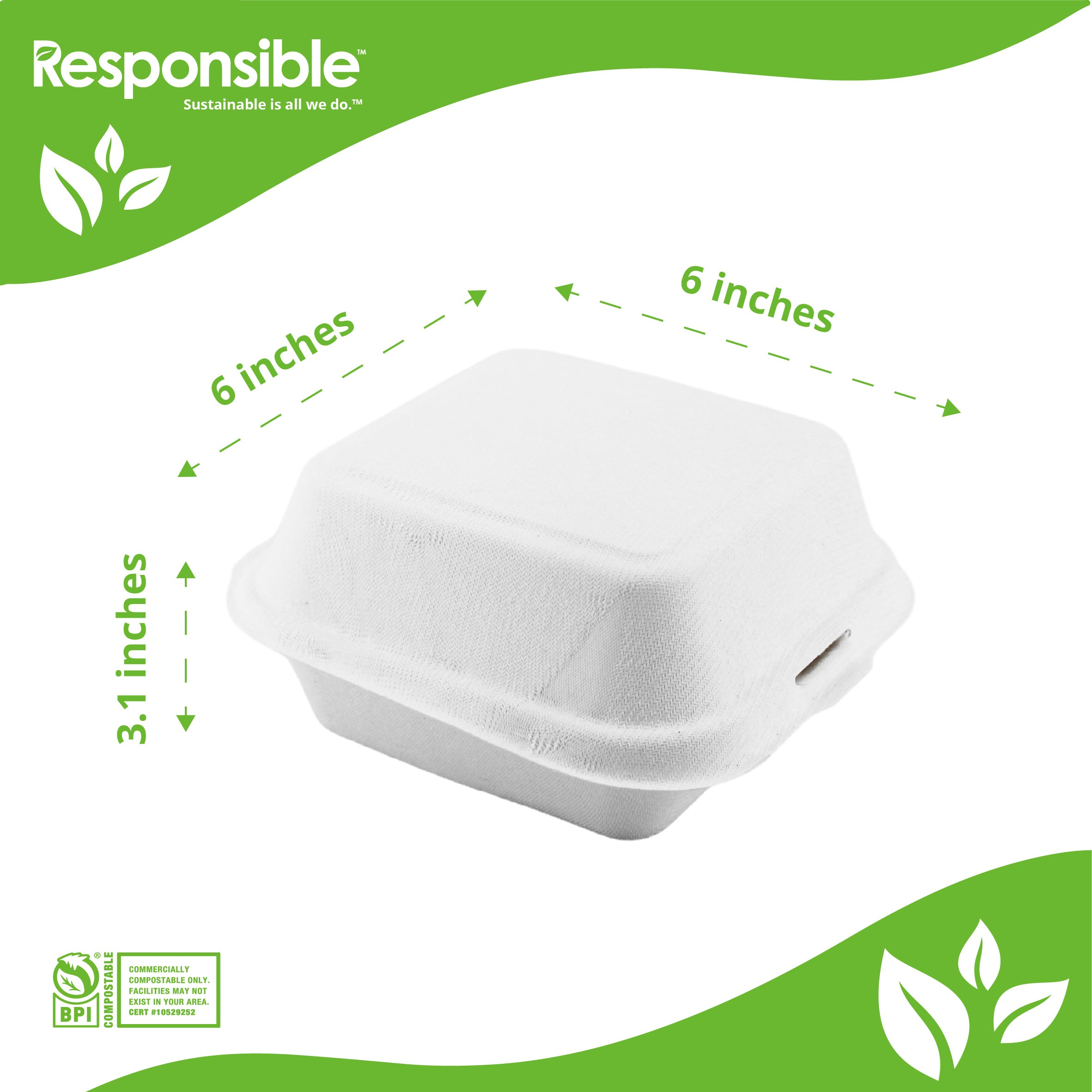 Compostable 6 x 6 inch Molded Fiber Hinged Containers White ...