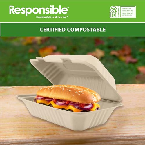 Compostable 9 x 6 inch Molded Fiber Hinged Containers Brown