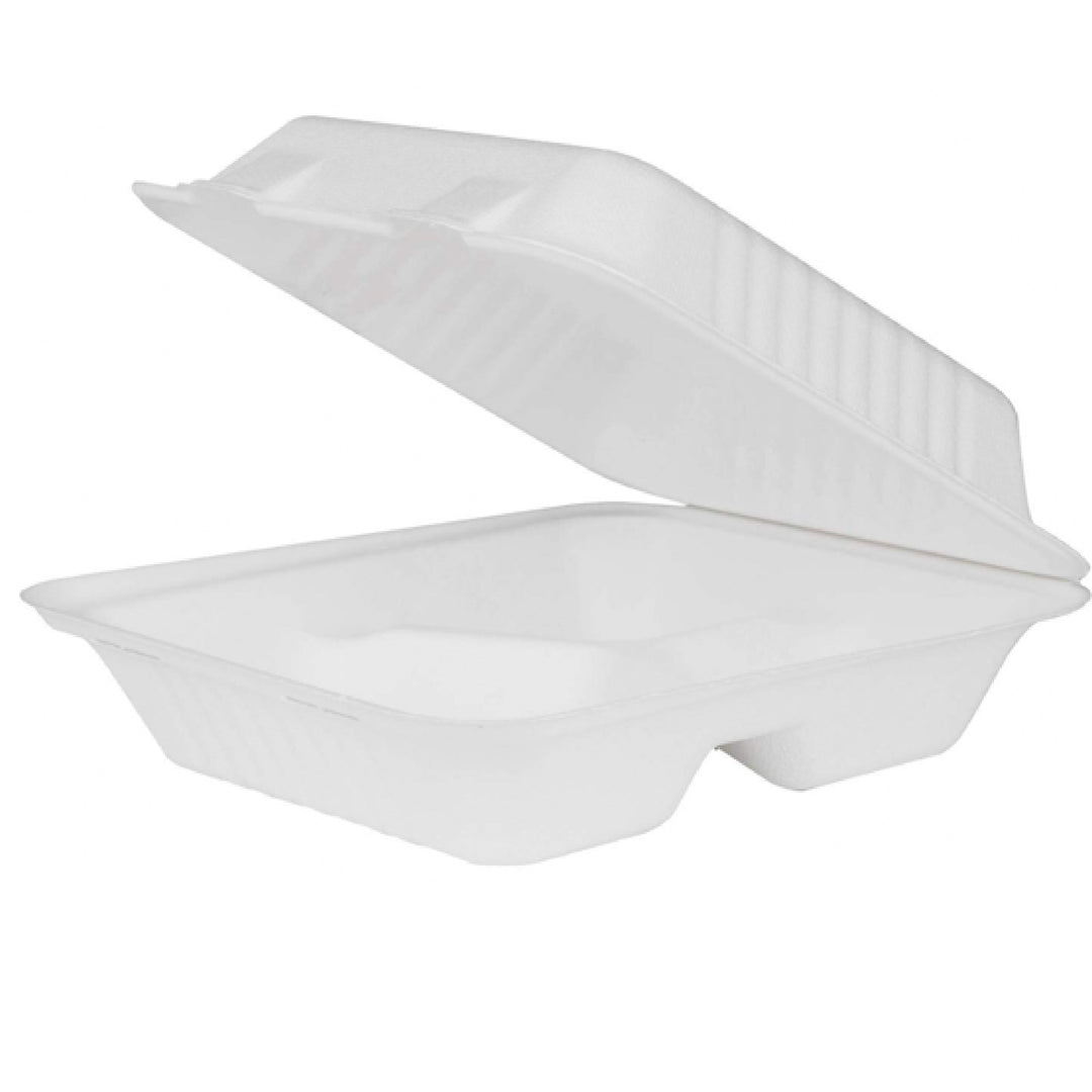 Compostable 8 inch 3-Compartment Molded Fiber Hinged Containers White ...