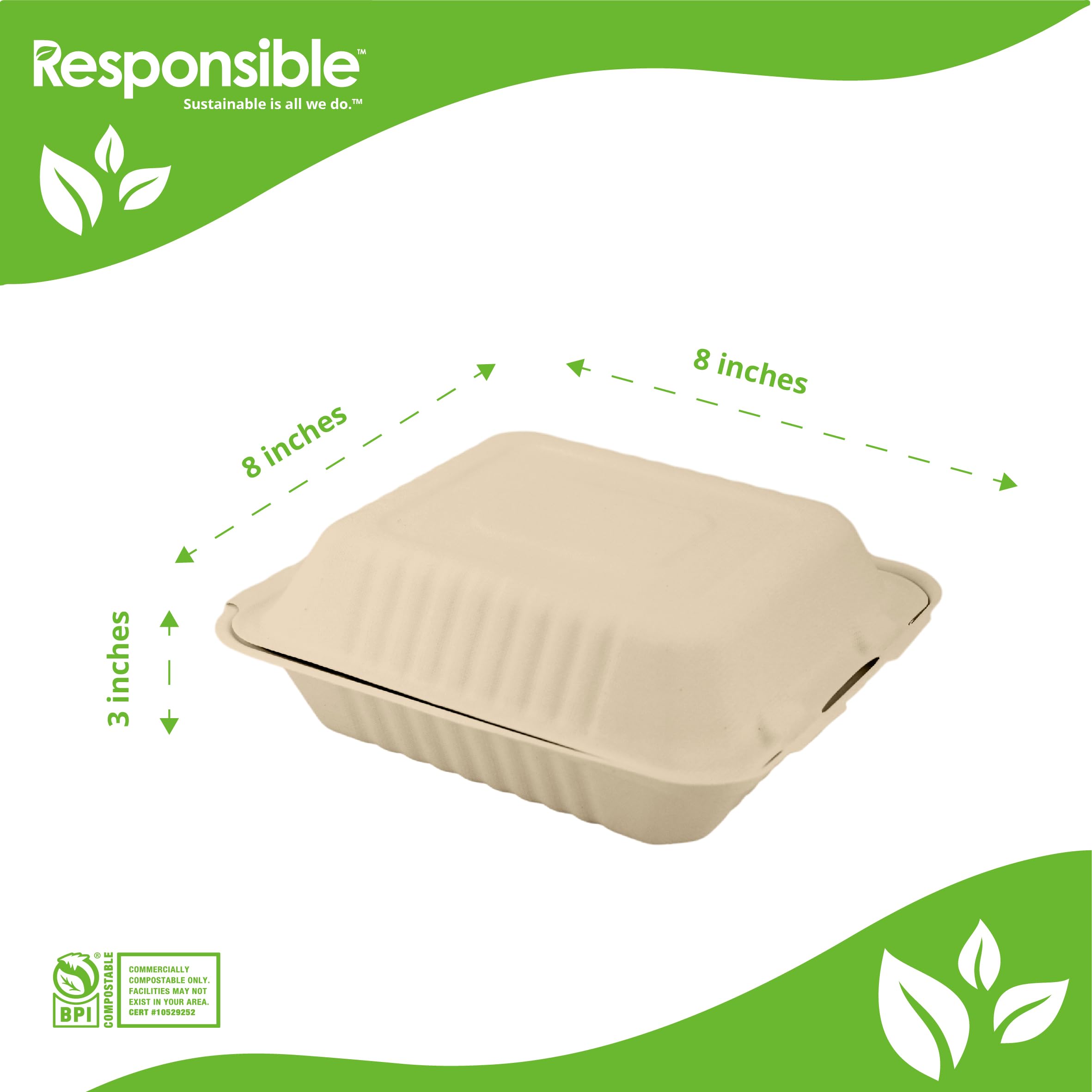 Compostable 8 inch 3-Compartment Molded Fiber Hinged Containers Brown