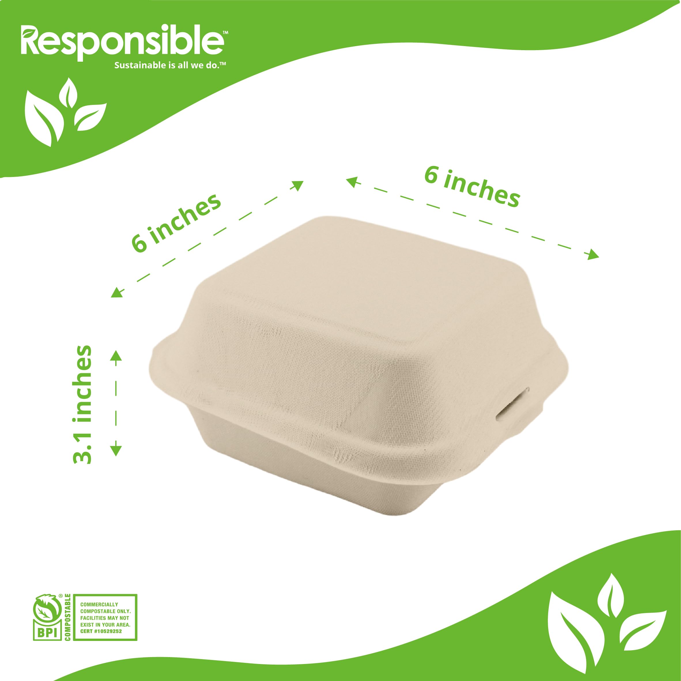 Compostable 6 x 6 inch Molded Fiber Hinged Containers Brown