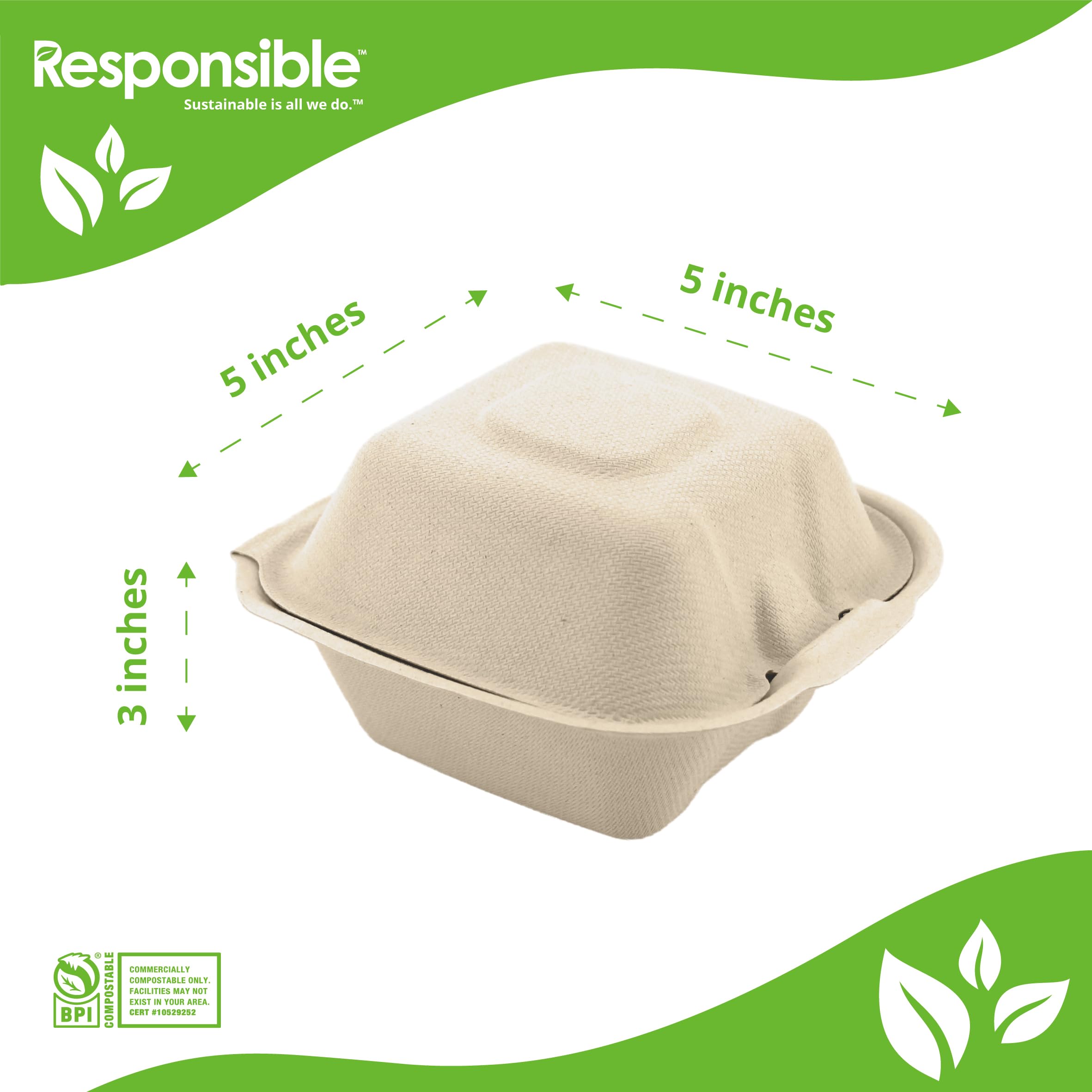 Compostable 5 x 5 inch Molded Fiber Hinged Containers Brown