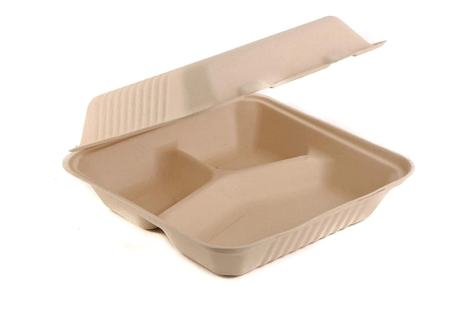 Compostable 9 inch 3-Compartment Molded Fiber Hinged Containers Brown