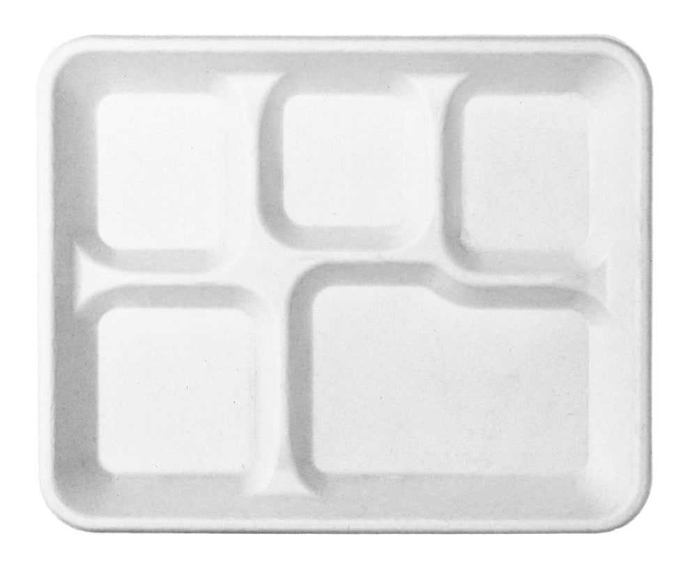 Compostable 5-Compartment Food Trays Molded Fiber White